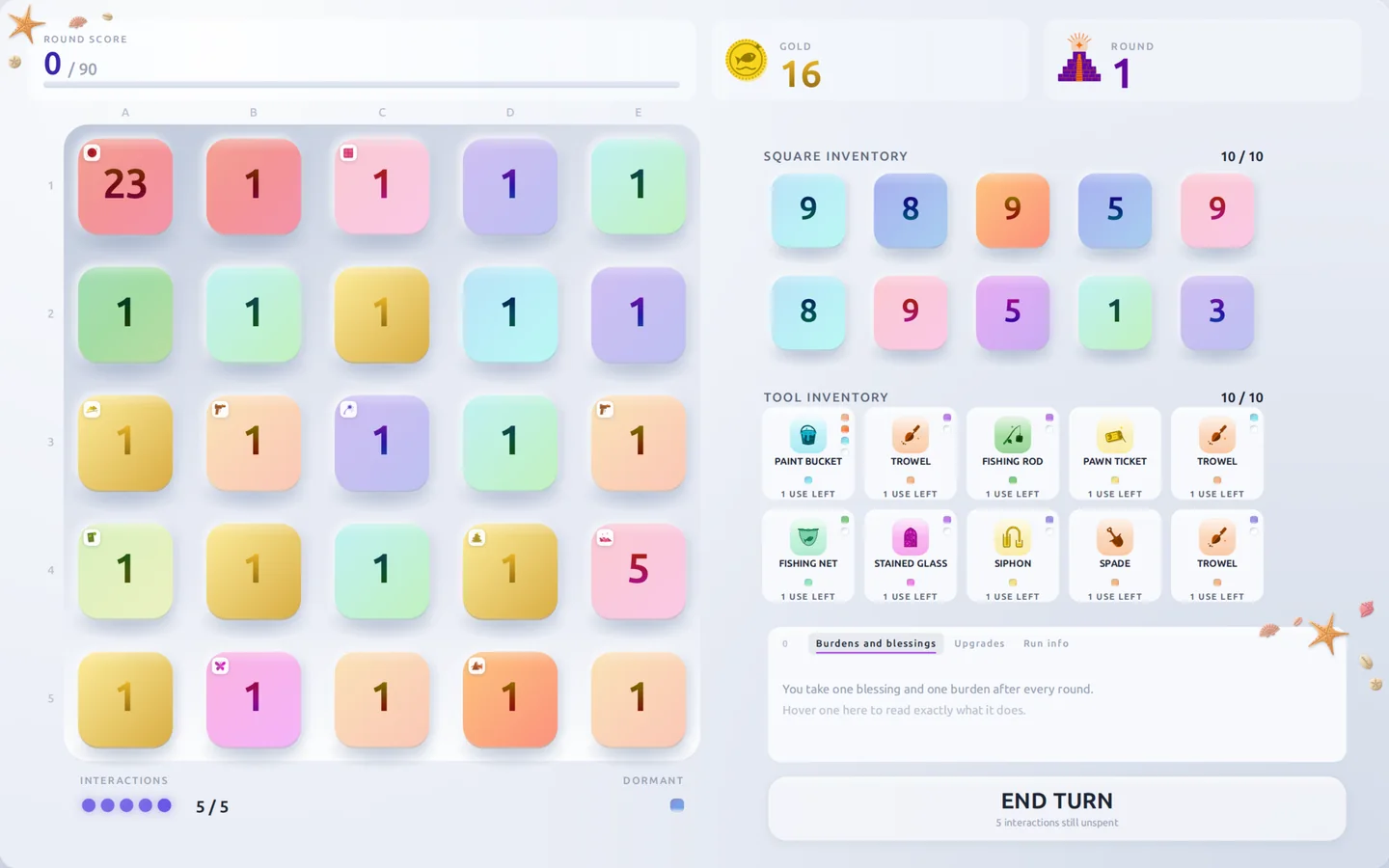 The Rainbow Board in play: a 5x5 grid of colourful tiles, each showing a number, with modifier icons on some of them, and the square and tool inventories on the right.