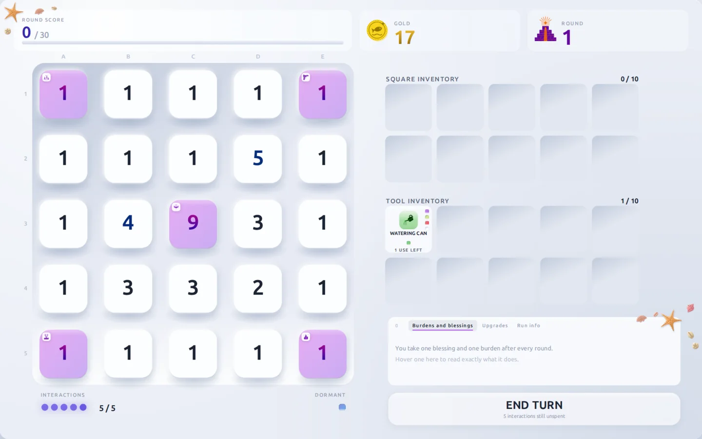 The Violet Board at the start of a run: violet tiles with modifier icons on the corners and the centre, the other tiles white and showing numbers from 1 to 5, and a Watering Can in the tool inventory.