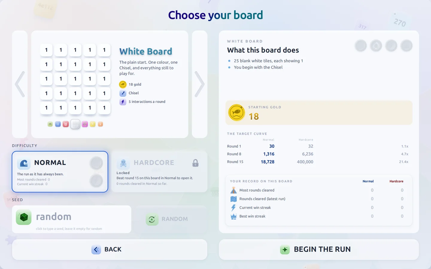 The Choose your board screen, showing the White Board preview, the starting gold and tools, the Normal and Hardcore difficulties and the target curve.