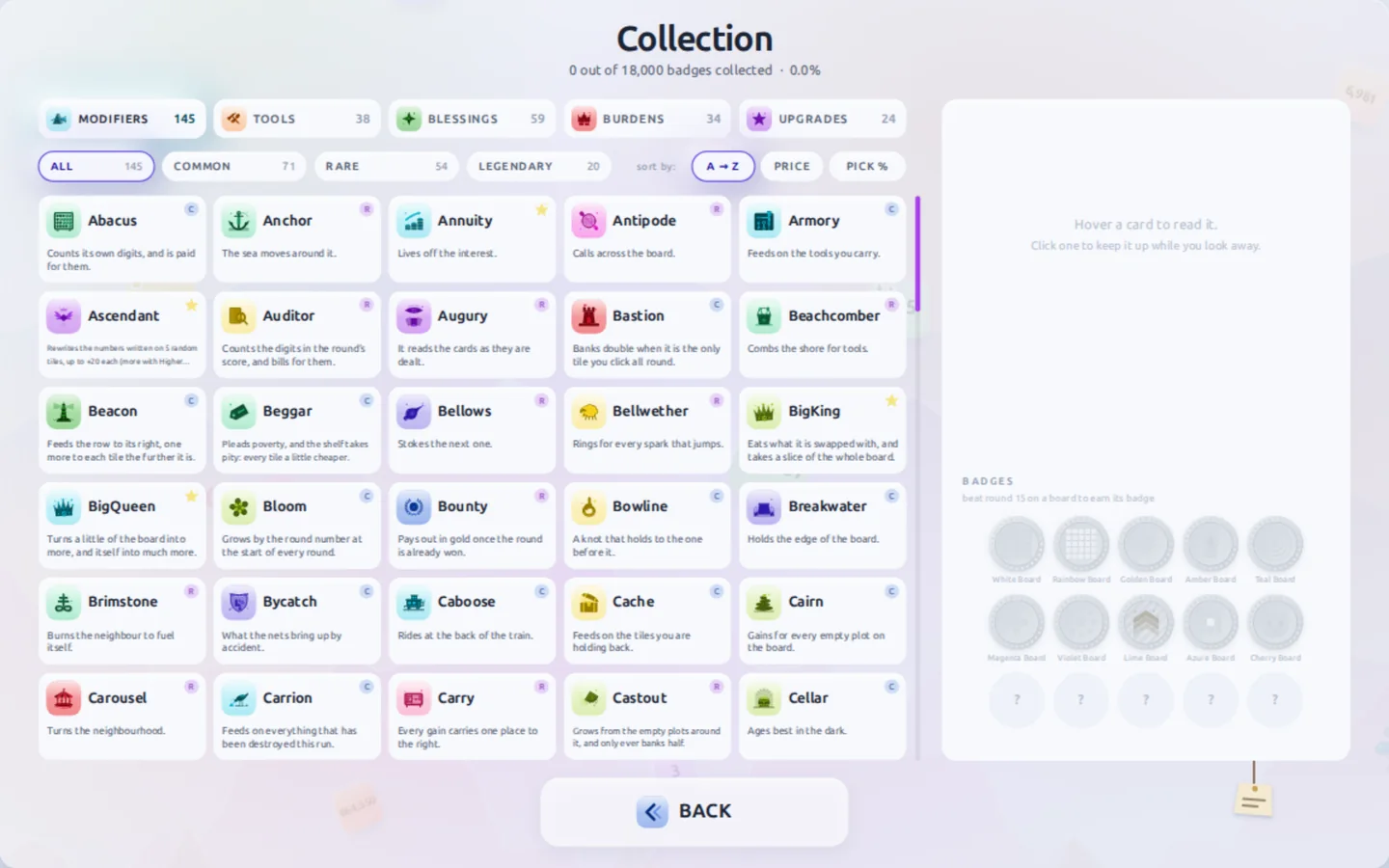 The Collection screen: a grid of modifier cards with their names and short descriptions, and tabs for modifiers, tools, blessings, burdens and upgrades.