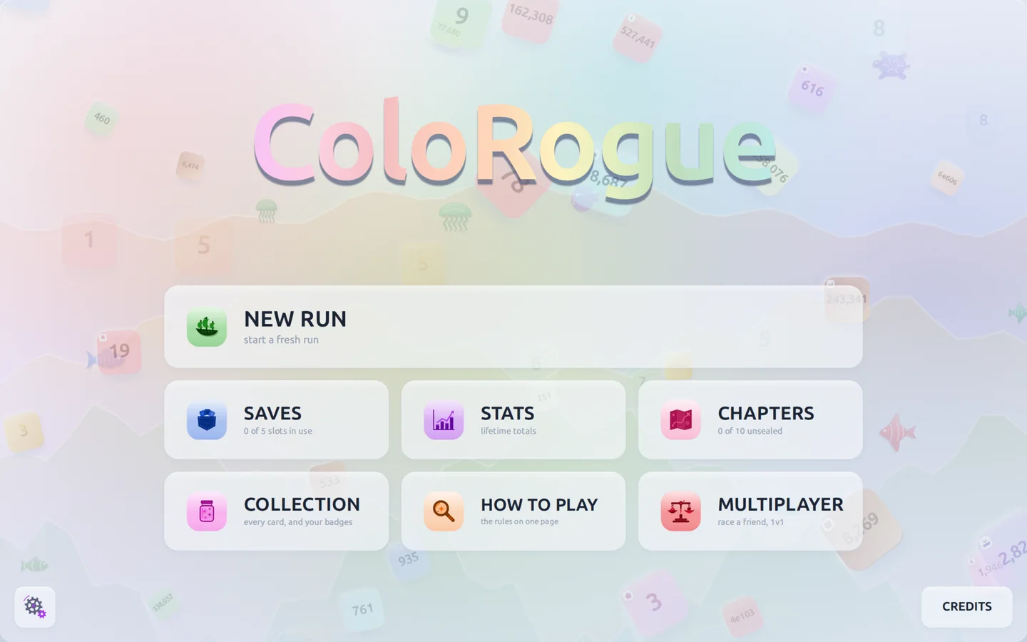 The title screen: the ColoRogue wordmark in a rainbow gradient over a pale sea, with the menu panels for New Run, Saves, Stats, Collection and How to Play.